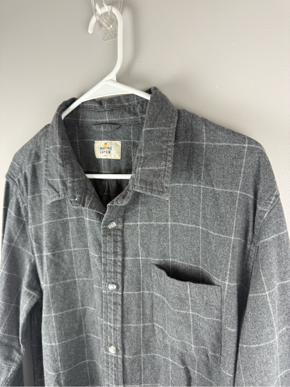 Marine Layer Men’s Grey Windowpane Long Sleeve Button Up Flannel SZ L Cotton